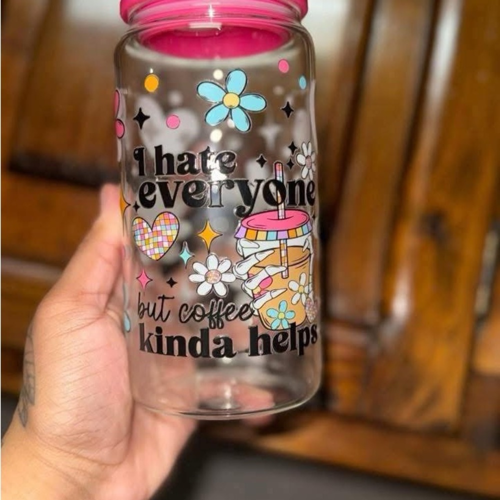 Colorful Floral Coffee Quote Glass Tumbler